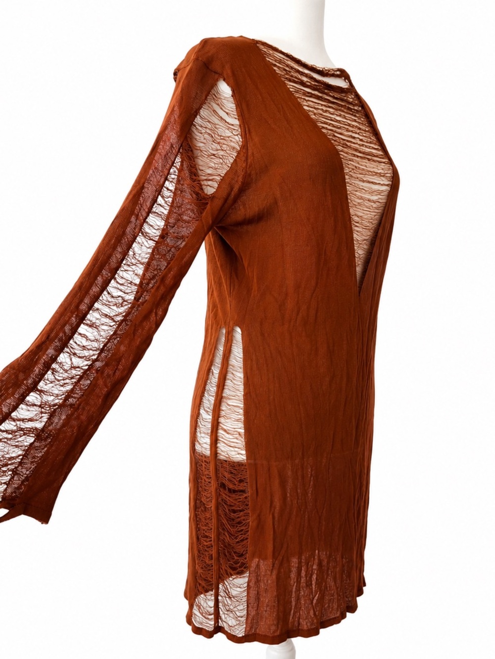 Missguided Rust-Brown Mini Dress with Ripped Texture Cuts. - Picture 3 of 7
